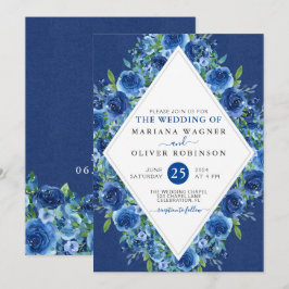 Invitación de boda floral azul marino moderna