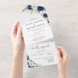 Invitación de boda floral azul marino todo en uno