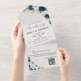 Invitación de boda floral azul marino todo en uno