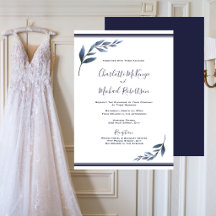 Invitación de boda floral azul marino y blanco