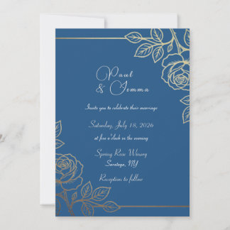 Invitación de boda floral azul marino y dorado