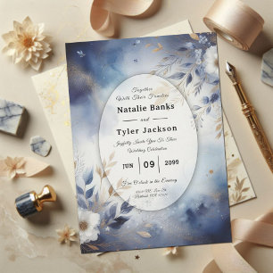 Invitación de boda floral azul marino y dorado