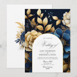 Invitación de boda floral azul marino y dorado