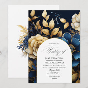 Invitación de boda floral azul marino y dorado