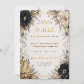Invitación de boda floral azul marino y dorado | E