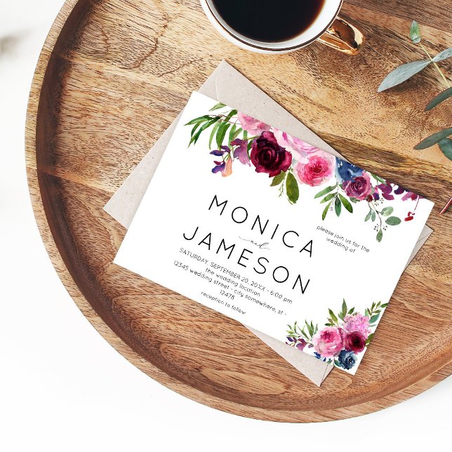 Invitación de boda floral azul marino y rosa calie (Subido por el creador)