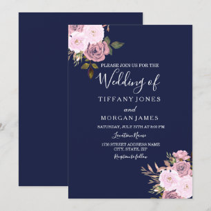 Invitación de boda floral azul marino y rosa dorad