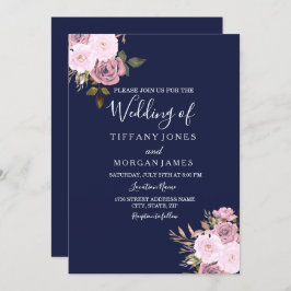 Invitación de boda floral azul marino y rosa oro