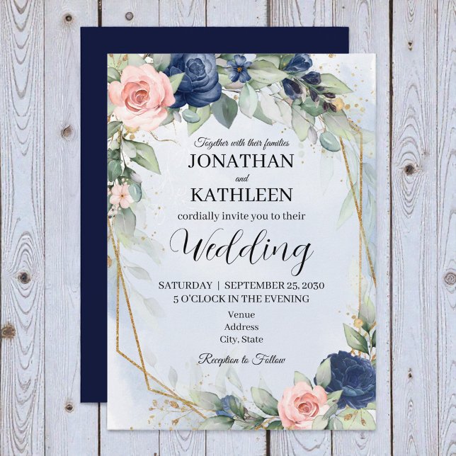 Invitación de boda floral azul marino y rubor (Subido por el creador)