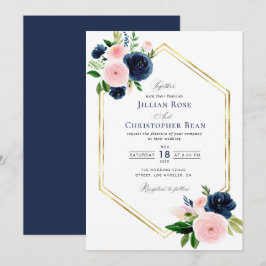 invitación de boda floral azul marino y ruidosa