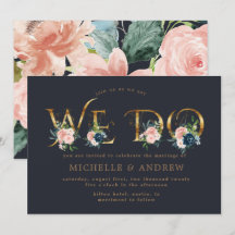 Invitación de Boda Floral Azul Medianoche Falso Or