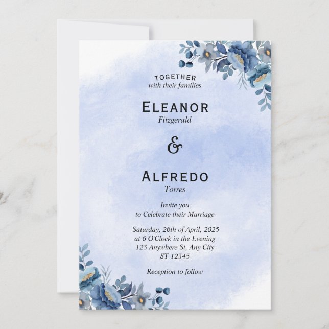 Invitación de boda floral azul moderna (Anverso)