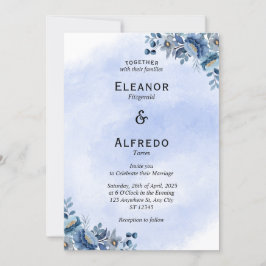 Invitación de boda floral azul moderna