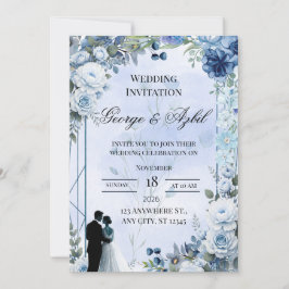 Invitación de boda floral azul moderna