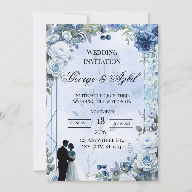 Invitación de boda floral azul moderna (Anverso)
