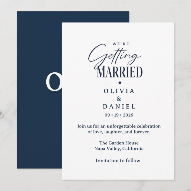 Invitación de boda floral azul moderna (Anverso / Reverso)