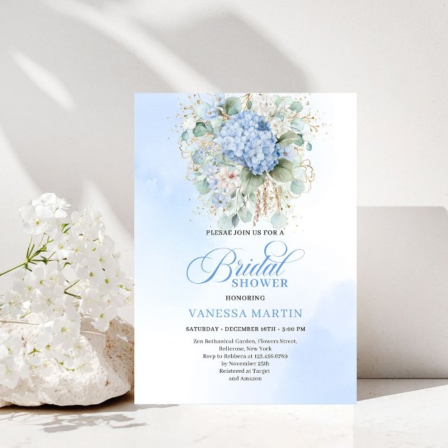 Invitación de boda floral azul moderna en oro (Modern Blue Floral Bridal Shower Gold Invitation)