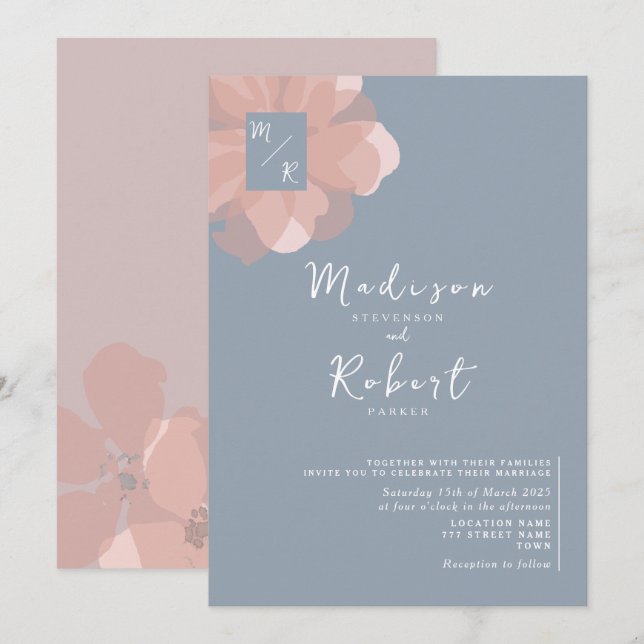 Invitación de Boda Floral Azul Pastel Rosa Dusty (Anverso / Reverso)