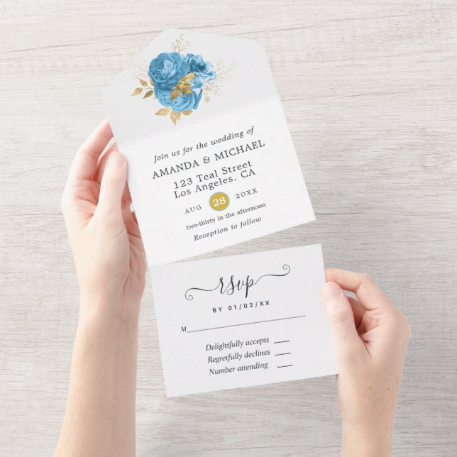 Invitación de boda floral azul pastel y dorado Tod (desgarro)