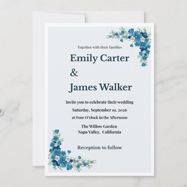 Invitación de boda floral azul polvoriento (Anverso)