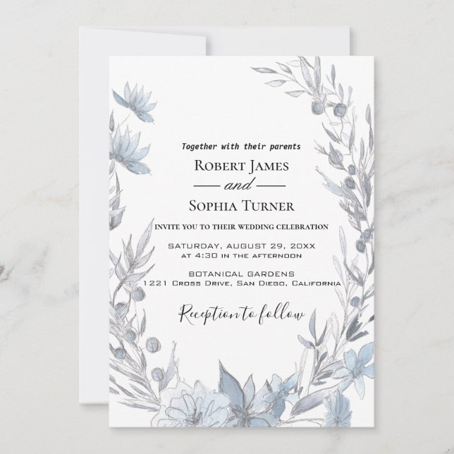 Invitación de boda floral azul polvoriento (Anverso)