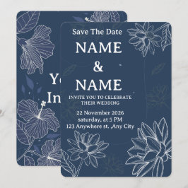 Invitación de boda floral azul polvoriento