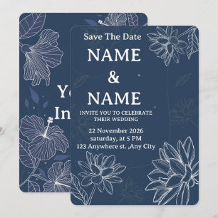 Invitación de boda floral azul polvoriento