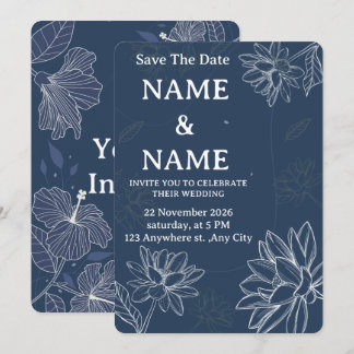 Invitación de boda floral azul polvoriento