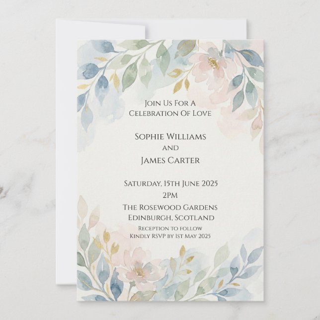 Invitación de boda floral azul polvoriento (Anverso)