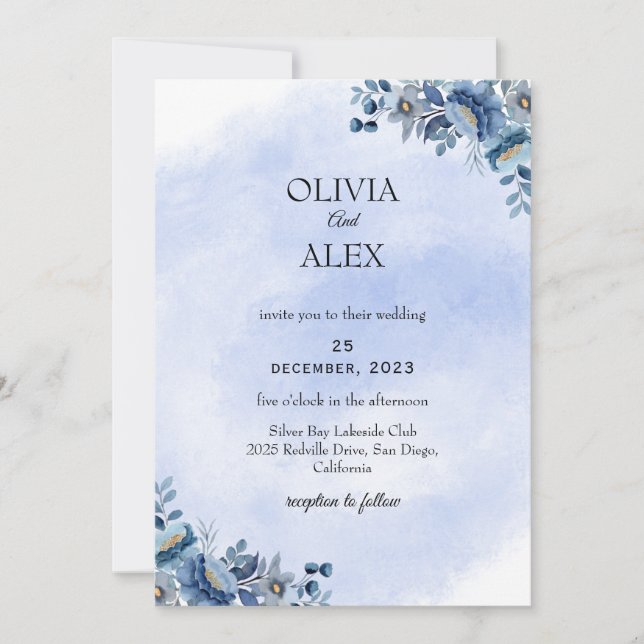 Invitación de boda floral azul polvoriento (Anverso)