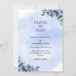 Invitación de boda floral azul polvoriento