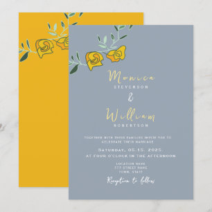 Invitación de boda floral azul polvoriento amarill
