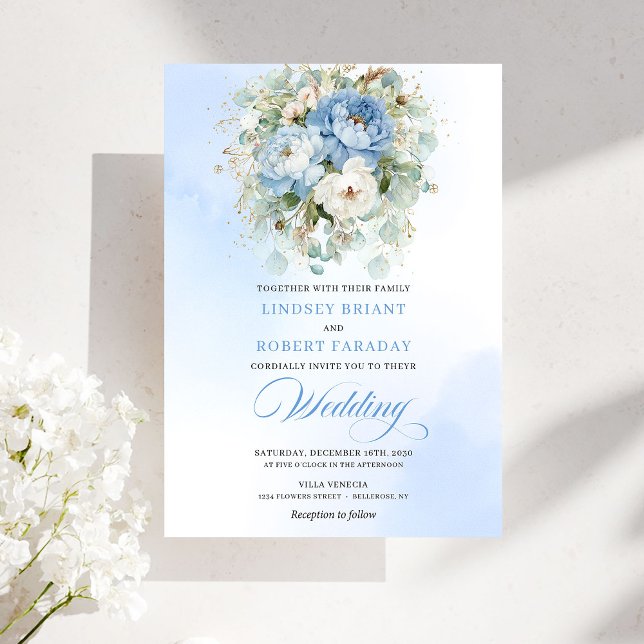 Invitación de boda floral azul polvoriento Chic (Chic Dusty Blue Floral Digital Wedding Invite)