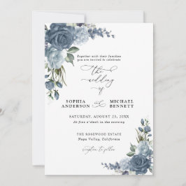Invitación de boda floral azul polvoriento elegant