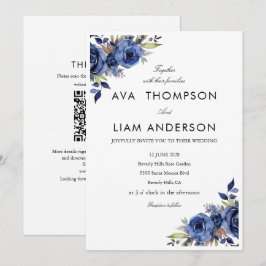 Invitación de boda floral azul polvoriento QR simp