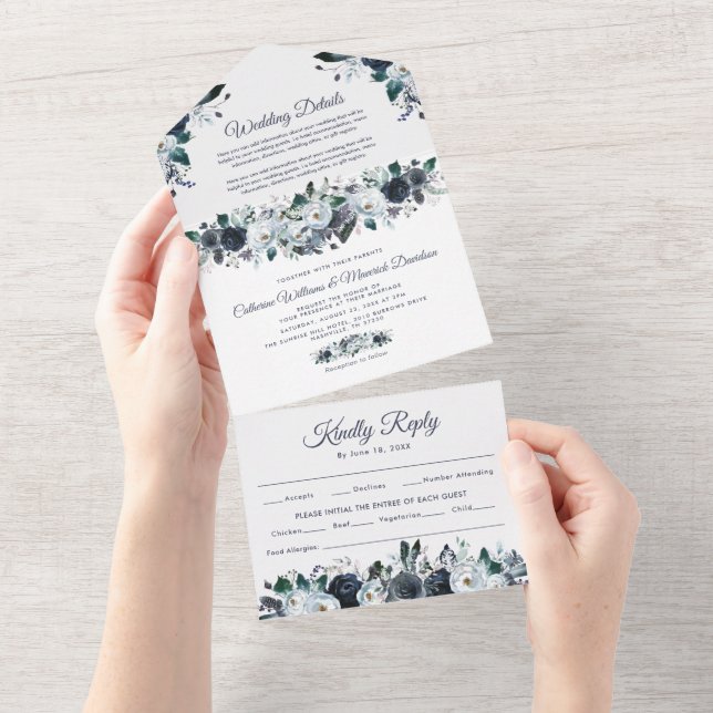 Invitación de boda floral azul polvoriento todo en (desgarro)