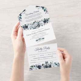 Invitación de boda floral azul polvoriento todo en