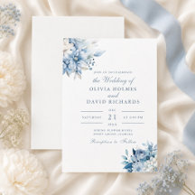 Invitación de boda floral azul polvoriento y blanc