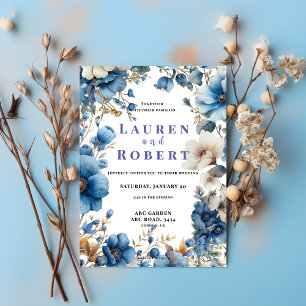 Invitación de boda floral azul polvoriento y blanc