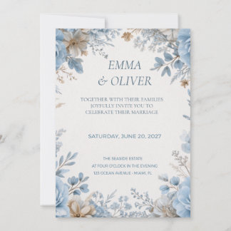 Invitación de boda floral azul polvoriento y crema