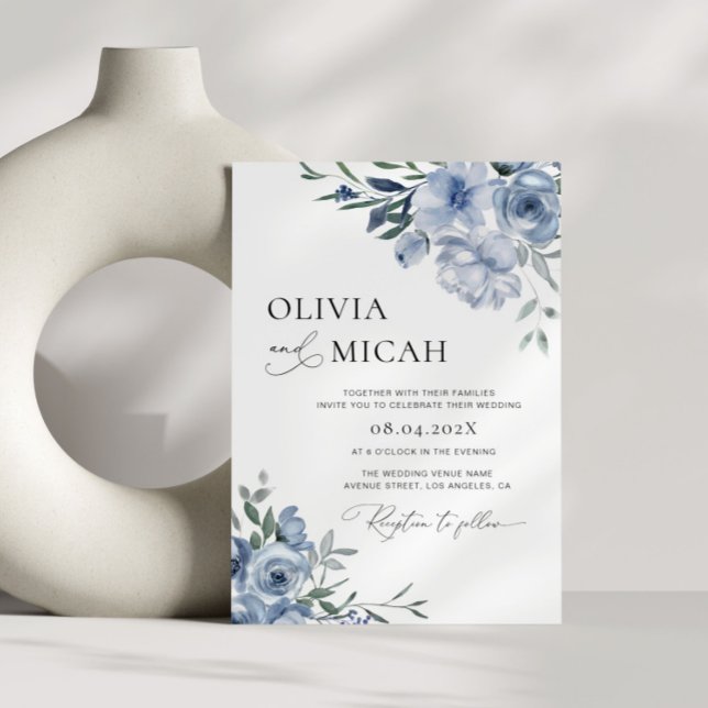 invitación de boda floral azul polvoriento y de mo (Subido por el creador)
