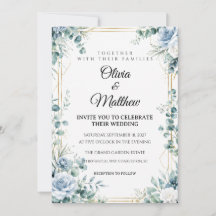 Invitación de boda floral azul polvoriento y dorad
