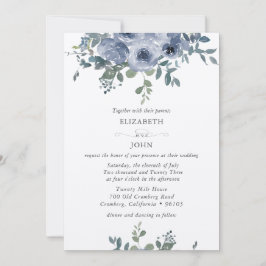 Invitación de boda floral azul polvoriento y gris
