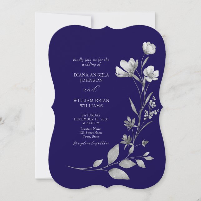 Invitación de boda floral azul real (Anverso)