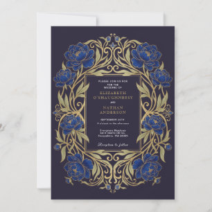 Invitación de Boda Floral Azul Real Art Nouveau