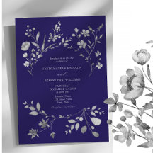 Invitación de boda floral azul real plateada