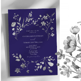 Invitación de boda floral azul real plateada