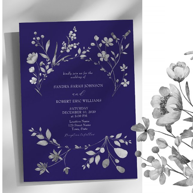 Invitación de boda floral azul real plateada (Subido por el creador)