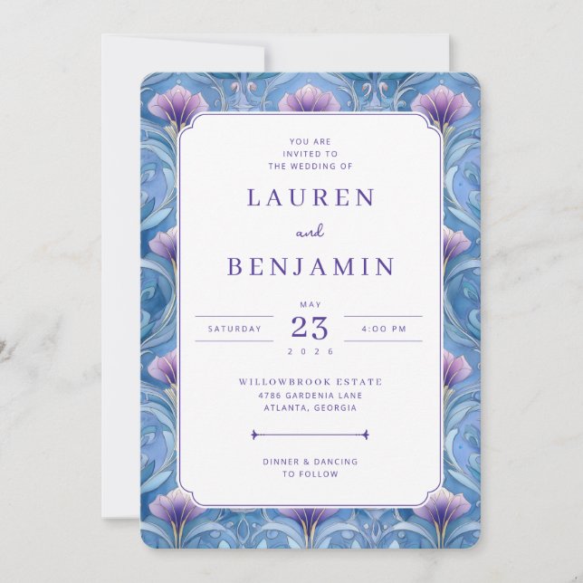 Invitación de Boda Floral Azul Romántica (Anverso)