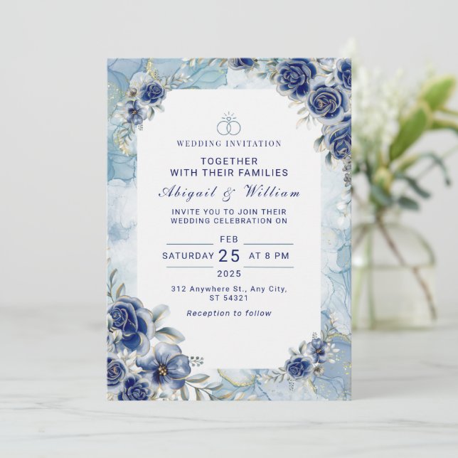 Invitación de boda floral azul romántica (Anverso de pie)